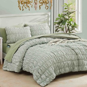 BAGOKIE 7pc Wildflower Puff Bed in a Bag King Size Comforter Set for All Season, Green Tea - 1 of 4