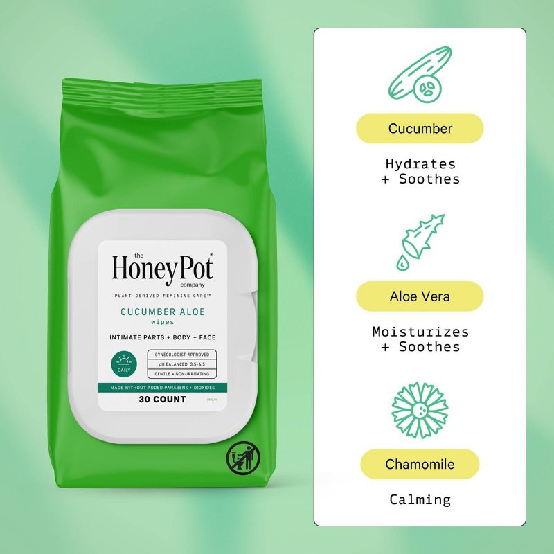 The Honey Pot Company, Cucumber Aloe Feminine Cleansing Wipes, Intimate Parts, Body or Face - 30ct, 5 of 13