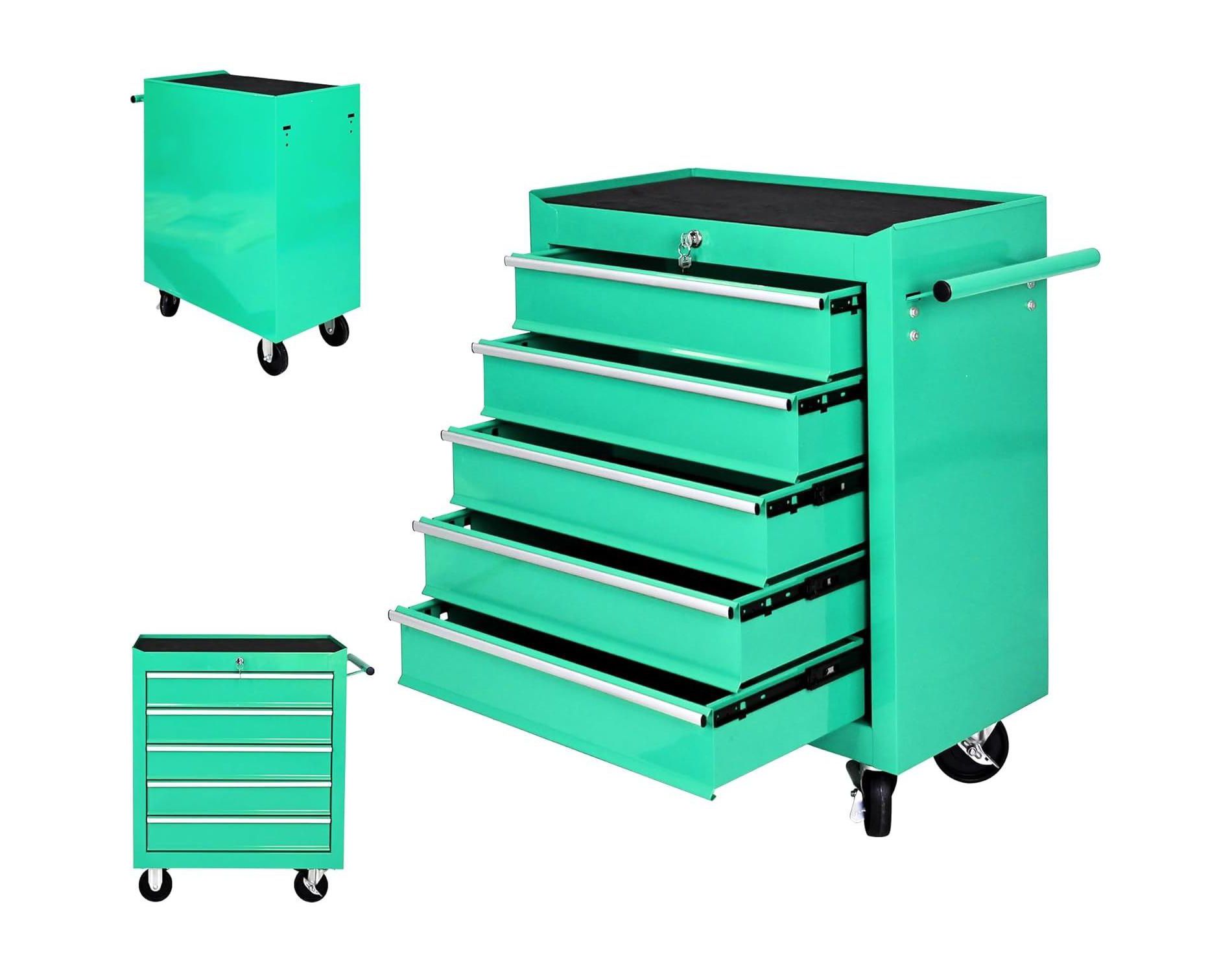 5-Drawer Heavy Duty Metal Tool Chest with Wheels, Rolling Tool Cabinet with Adjustable Shelf & Tool Hooks for Garage,Workshop, Green