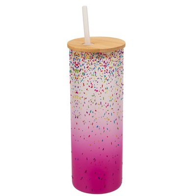 Elanze Designs Rainbow Confetti Party Celebration Wrap-Around Design 25 Ounce Frosted Gradient Glass On-The-Go Coffee Travel Skinny Tumbler Mug Cup,
