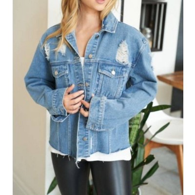 Women's Distressed Denim Jean Jacket - White Birch