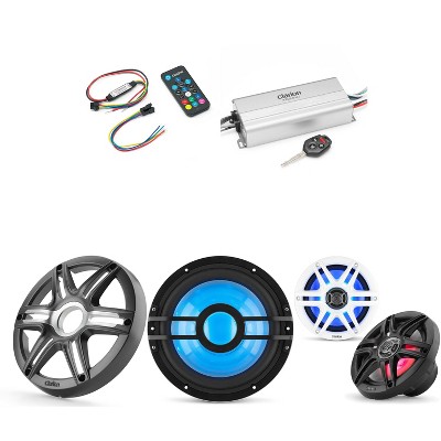 Clarion Marine 4 Channel Amp & 6.5" w/ 10" Grey Grill Boat Audio Upgrade Bundle ( Includes LED Remote )