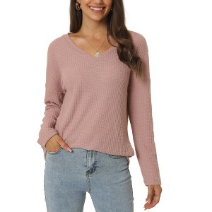Seta T Women's V Neck Waffle Knit Long Sleeve Casual Tunic Blouses - 1 of 4