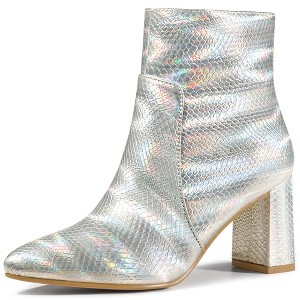 Allegra K Women's Pointed Toe Snake Print Side Zipper Chunky Heel Ankle Boots - 1 of 4