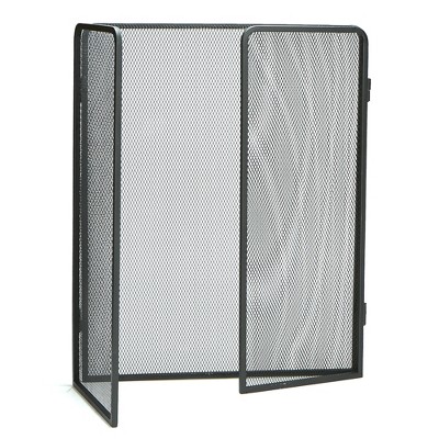 Black Metal Mesh Three-Panel Folding Fireplace Screen with Door