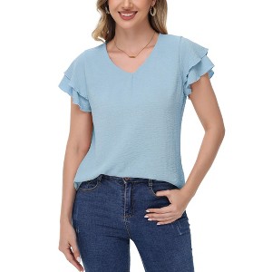 Anna-Kaci Women's Textured V-Neck Top with Double Layer Ruffle Short Sleeves - 1 of 4