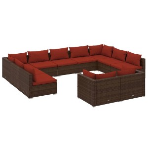vidaXL Patio Lounge Set Outdoor Sectional Sofa Set Table Garden Poly Rattan - Brown and Cinnamon Red 4x Corner + 7x Middle - 1 of 4