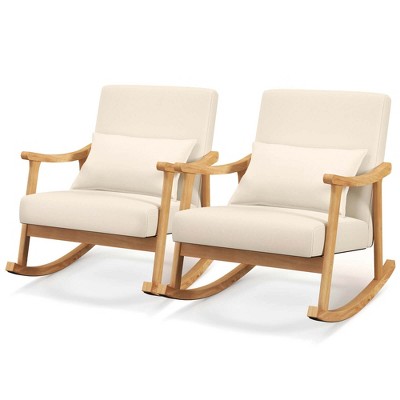 Costway 1/2 PCS Upholstered Rocking Chair with Pillow Rocking Armchair with Rubber Wood Frame Beige