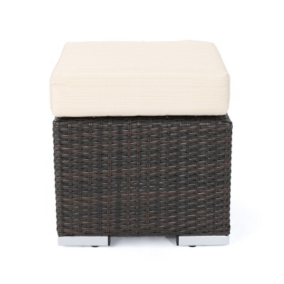 Multibrown and Beige Faux Rattan Outdoor Ottoman with Water-Resistant Cushion