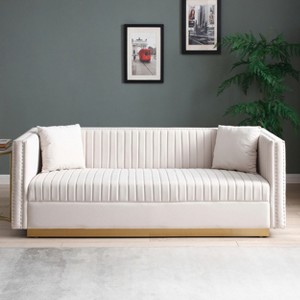 Contemporary Velvet Sofa - Vertical Channel Tufted Modern Couch with Gold Metal Base & 2 Pillows, Solid Wood Frame for Living Room - 1 of 4