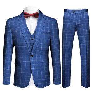 Cloudstyle Mens 3-Piece Plaid Suit Set Modern Fit Jacket Tux Blazer Vest Pants - 1 of 4