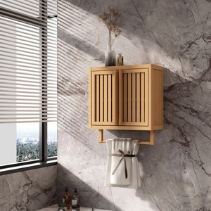 Wall Mounted Bamboo Toilet Storage Box,Wall Cabinet with Double Doors And Towel Rack,Storage Cabinet For Bathroom Kitchen-Cuddlewood - 1 of 4