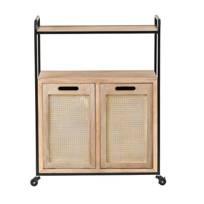 LuxenHome Brown and Black Mobile Natural Wood Double Tilt-Out Laundry Hamper and Storage Cabinet