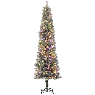 7.5 ft Pencil Christmas Tree, Pre-Lit Flocked Xmas Tree with Dual Color LED Lights, 519 Tips and Metal Stand