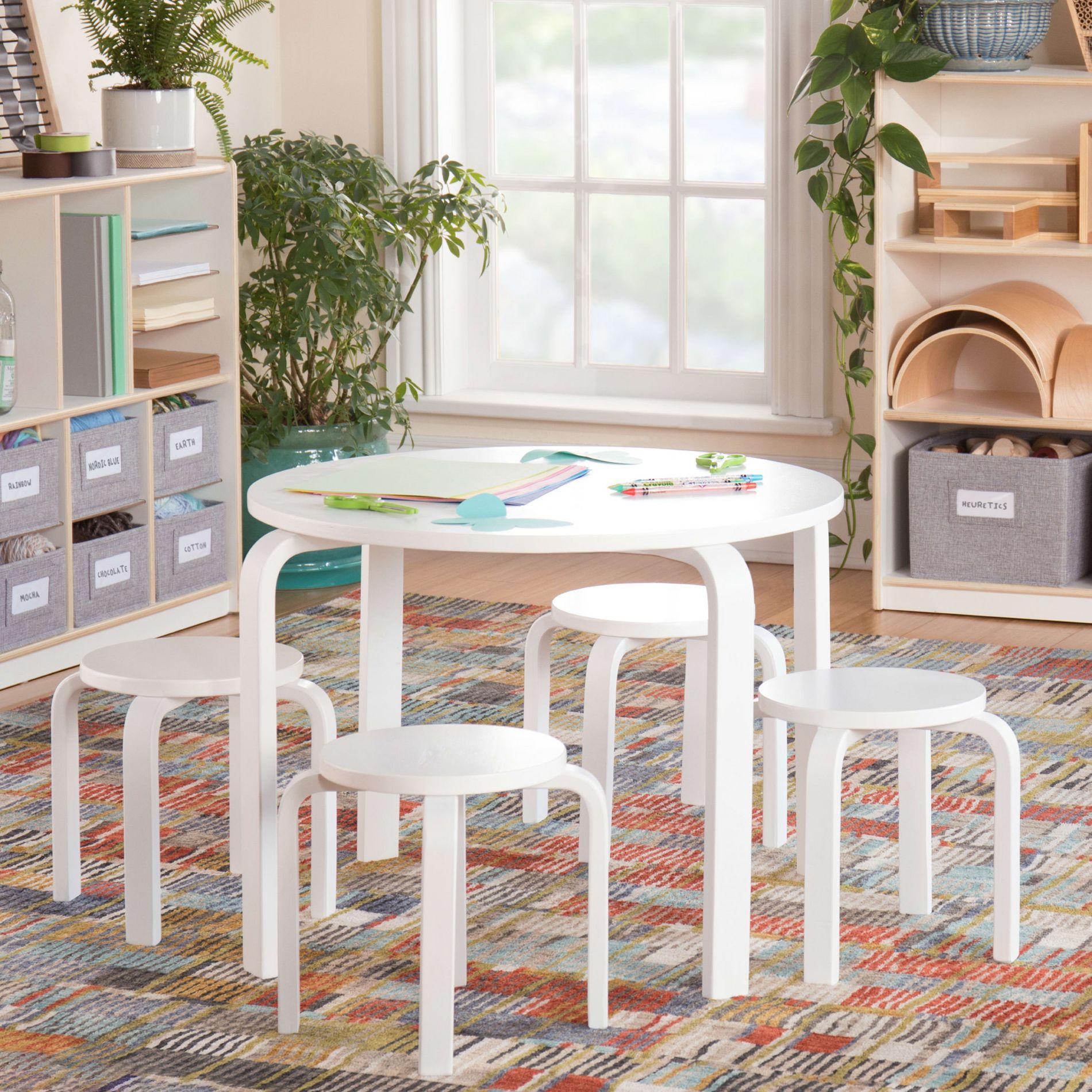 Guidecraft Kids' Nordic Table and Chairs Set - White: Wooden Round Toddler Activity Table, Playroom Furniture with 4 Stacking Stools