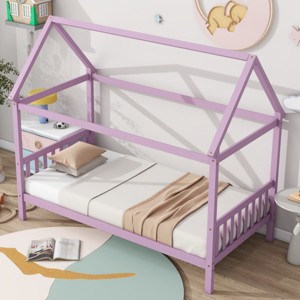 RISOKEYS Twin Size Bed Frame with Headboard and Footboard, Low Rubberwood House Bed for Boys and Girls,No Box Spring Needed - 1 of 4