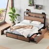 PDTEND Queen Brown Wood Storage Bed Frame with Large Raised Pattern design, Multiple Drawers & Bedside Socket - 3 of 4
