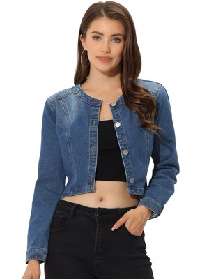 Allegra K Women's Collarless Button Down Crop Jean Denim Jackets