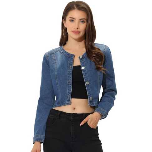 Allegra K Women's Collarless Button Down Crop Jean Denim Jackets Blue ...