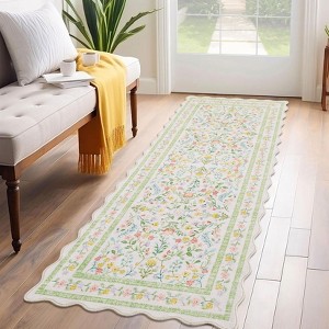 Garvee Boho Floral Area Rug Machine Washable Low Pile Soft Carpet for Living Room Scalloped Floral Runner Rug - 1 of 4