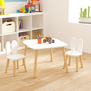 3PCS Kid Table Set with  2 Chairs, Rabbit Toddler Table and Chair Set Wooden Children Activity Play Table Set , White+Natural- ModernLuxe - 1 of 4