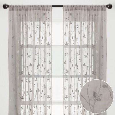 Sage Embroidered Vine Sheer Curtain Panels, 52" x 108"