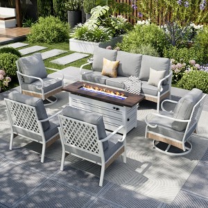 Captiva Designs 6pc extra large metal and rattan outdoor patio fire pit set with swivel grid-back chairs and table - 1 of 4