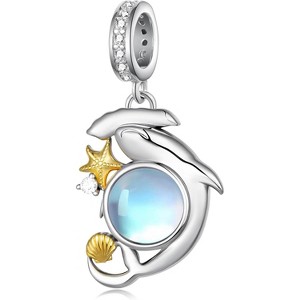 925 Sterling Silver Hammerhead Shark Charm with Moonstone, Ocean Theme Jewelry Gift for Women - 1 of 4