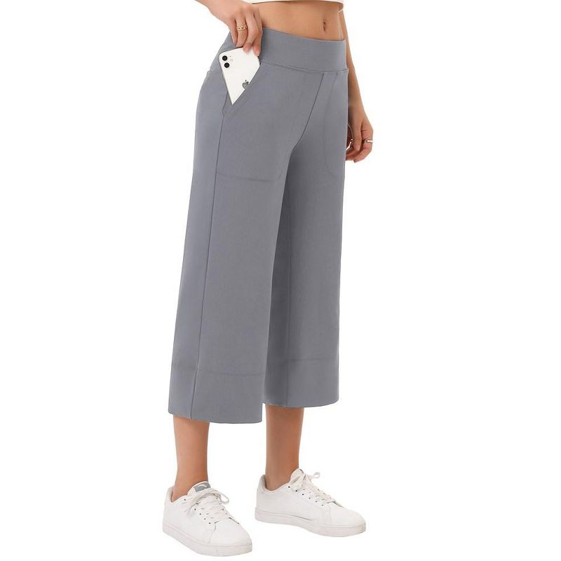 Wide Leg Capri Pants for Women Pull on Loose Lounge Yoga Workout Elastic Waist Cropped Pants with Pockets, 5 of 8