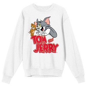 Tom & Jerry Key Art Long Sleeve Crew Neck Women's White Fleece Pullover - 1 of 3