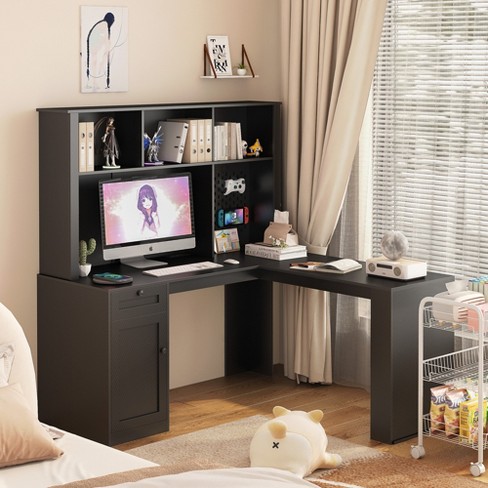 Corner Desk, L Shaped Gaming Computer Desk With Hutch, Drawers, Pegboard And Storage Shelves, With Adjustable Color LED Light And Charger - image 1 of 4