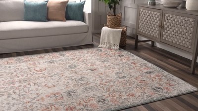 Beige Floral Synthetic Easy Care Area Rug, 6' 7" x 9'