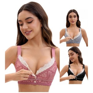 INSPIRE CHIC Front Closure for Women's Lace Full Coverage V Neck Wirefree Adjustable Straps Bras 3 Packs - 1 of 4