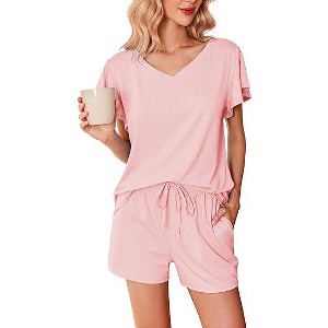 Ekouaer Women's Pajamas Set Ruffle Sleeves Sleepwear V Neck Comfy 2 Piece Pjs Loungewear Set with Pockets - 1 of 4