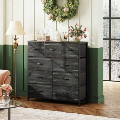 SKRAN Grid Cabinet Fabric Storage Tower with 9 Drawers For Bedroom,Tall Chest Organizer Unit With Fabric Bins, Steel Frame, Wood Top