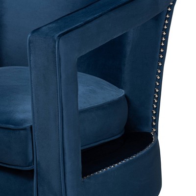 Neville Navy Blue Velvet Barrel Accent Chair with Gold Base
