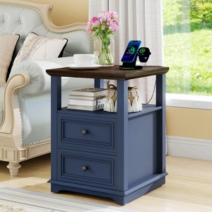 MUUEGM 18.1" Farmhouse Night Stand| Rustic Wood End Table with Charging Station, Open Shelf, 2 Storage Drawers - 1 of 4