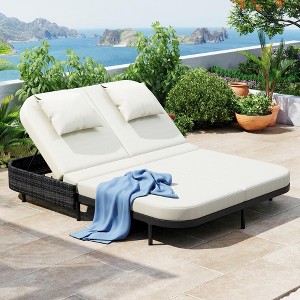 Outdoor Daybed Sunbed, Patio Rattan Loveseat Chaise Lounge with Adjustable Backrest and Cushions for Garden, Backyard -ModernLuxe - 1 of 4