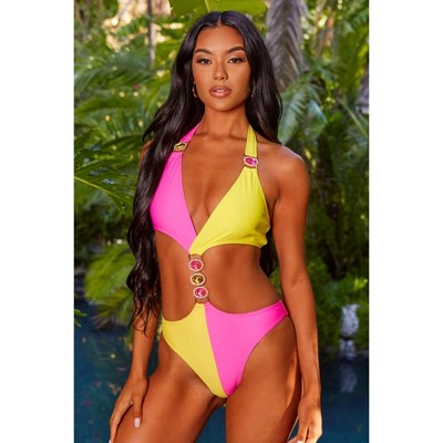 Moda Minx Sweet Like Candy 'Rhubarb & Custard' Contrast Cut-Out Crystal Swimsuit