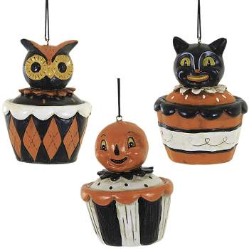 Holiday Ornament Halloween Cupcake  -  Three Ornaments 3.25 Inches -  Pumpkin Owl Black Cat  -  J8916  -  Polyresin  -  Orange