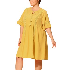 Agnes Orinda Women's Plus Size Ruffle Short Sleeve  Lace Insert Tassel Bohemian Midi Dresses - 1 of 4