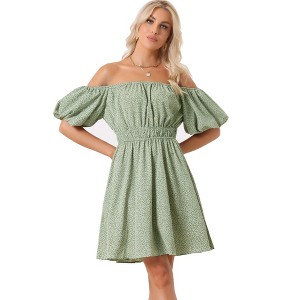 Allegra K Women's Off The Shoulder Casual Puff Sleeve Mini Floral Dress - 1 of 4