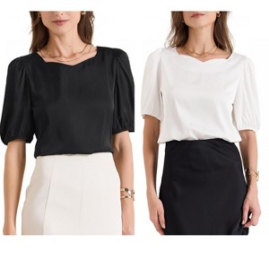 INSPIRE CHIC Women's Work Elegant Sweetheart Neck Half Puff Sleeve Office Work Satin Blouse 2 Packs - 1 of 4