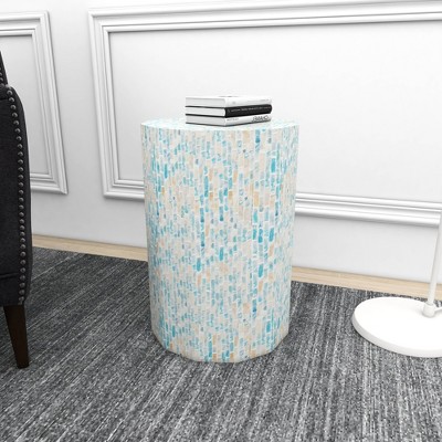 Elegant Blue Mother of Pearl 13" Round Wood Accent Table