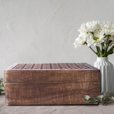 Medium Brown Mango Wood Keepsake Box with Trellis Design