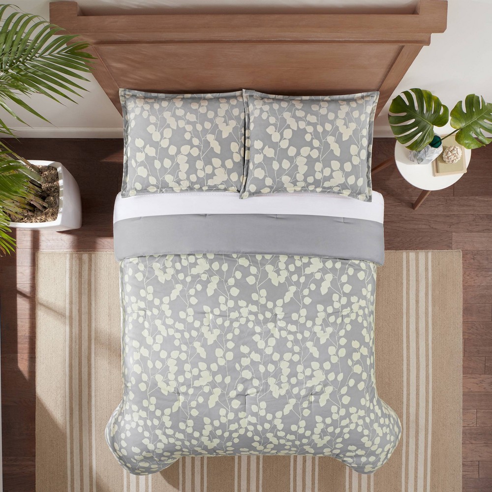 Photos - Bed Linen Serta 7pc Queen Ellen Botanical Leaf Antimicrobial Bedding Set Gray/Yellow: Comforter, Sheets, Shams 