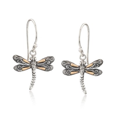 Ross-Simons Sterling Silver Bali-Style Dragonfly Drop Earrings With 18kt Yellow Gold