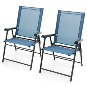 Gymax 2 PCS Patio Folding Chairs Set of 2 Outdoor Sling Chairs w/ Breathable Fabric Back & Seat Portable Dining Camping Chairs Blue/Mint Green - 1 of 4