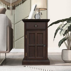 U-Can Classic Vintage Living Room Side Table with USB Ports and a Multifunctional Drawer featuring Cup Holders - 1 of 4