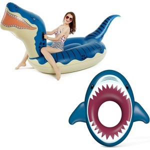 Jasonwell Inflatable Dinosaur & Shark Pool Floats – Giant 124" T-Rex & Shark Ride-On for Kids & Adults, Summer Beach Raft Lounge Toy, Blue & Maroon - 1 of 4